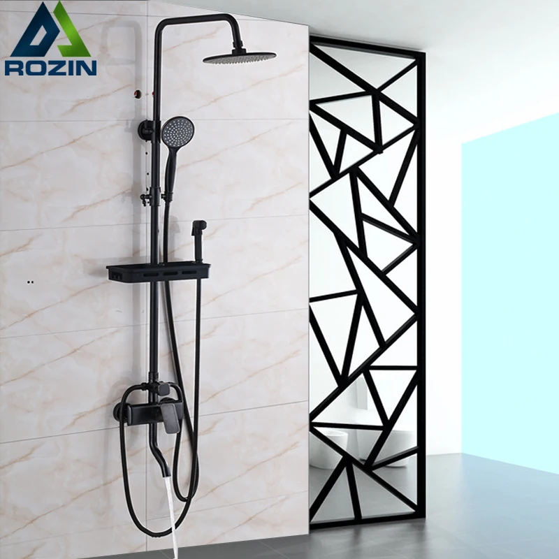 

Newly Bathroom Shower Mixer Faucet with Storage Basket One Lever Brass Bidet Head 8"Rain showerhead Handshower Rotate Tub Spout