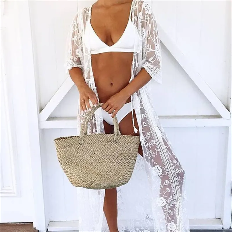 

2019 Sexy See Through Plunging Neck Half Sleeve High Waist Plus Size Women Summer Beach Wear Maxi Dress White Lace Tunic N893