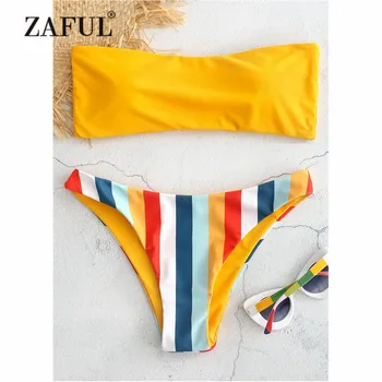 

ZAFUL Rainbow Bandeau Bikini Swimwear Women Swimsuit Striped Tube Thong Bikini Set Low Waist Padded Contrast Biquni Bathing Suit