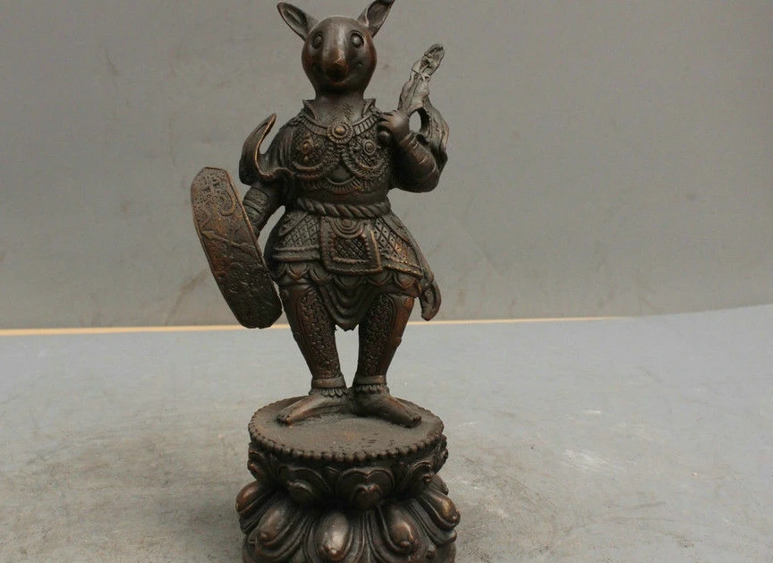 9'' China Folk Fengshui Brass Statue Zodiac Warrior Rat Sculpture