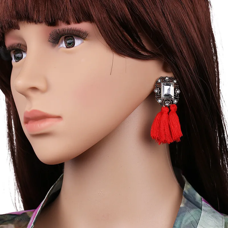 16 Colors, Crystal Square Tassel Stud Fringe Earrings