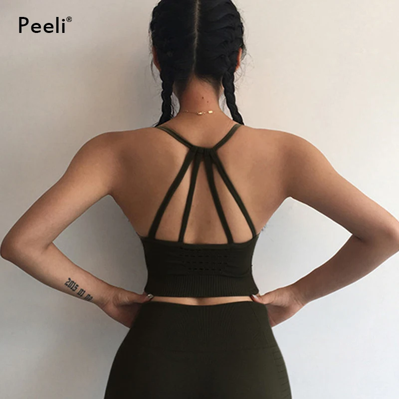 

Peeli Strappy Seamless Sports Bra High Impact Push Up Yoga Bras Padded Gym Brassiere Running Fitness Top Femme Workout Sport Bh
