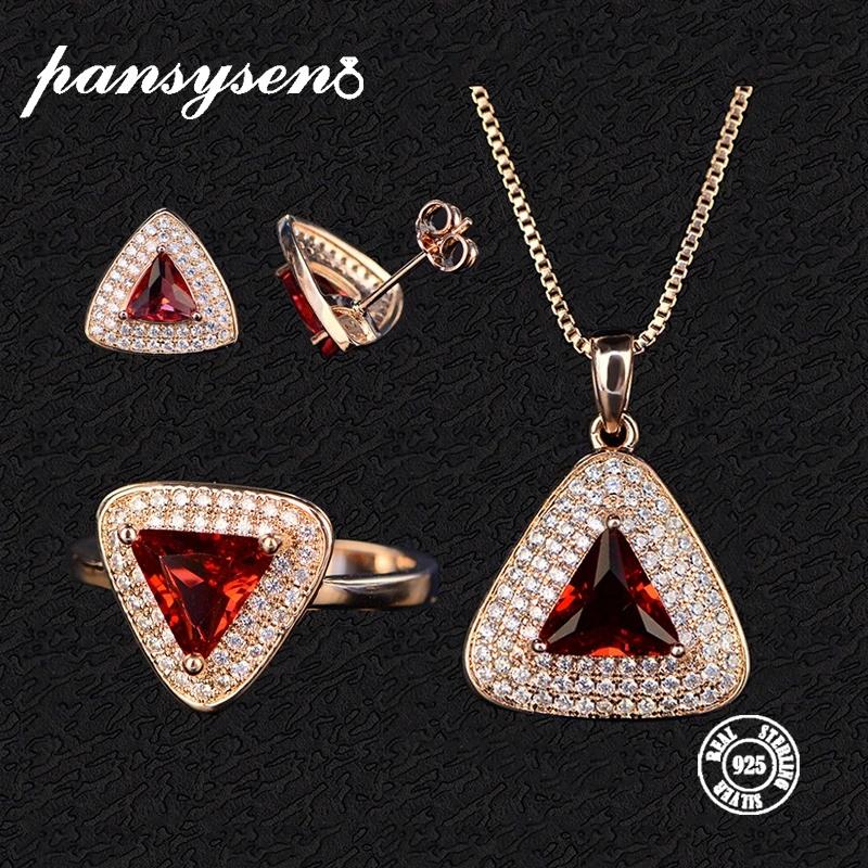 PANSYSEN NEW Triangle Ruby Gemstone Jewelry Sets 100% 925 Sterling Silver Pendant Necklack Earrings Ring Set For Women Wholesale
PANSYSEN NEW Triangle Ruby Gemstone Jewelry Sets 100% 925 Sterling Silver Pendant Necklack Earrings Ring Set For Women Wholesale
