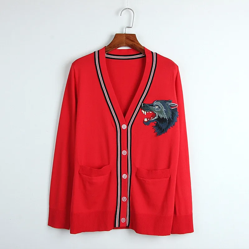Women Long Cardigan 2019 Spring Full V-neck Single Breasted Cardigan Female Hit Color Striped Wolf Head Embroidery Knit Cardigan
Women Long Cardigan 2019 Spring Full V-neck Single Breasted Cardigan Female Hit Color Striped Wolf Head Embroidery Knit Cardigan