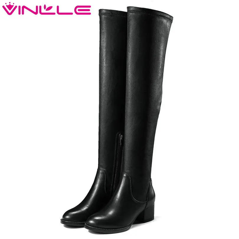 VINLLE 2018 Women Boots Over The Knee Boots Square Med Heel Zipper Genuine Leather Slim Legs Ladies Motorcycle Shoes Size 34-39
VINLLE 2018 Women Boots Over The Knee Boots Square Med Heel Zipper Genuine Leather Slim Legs Ladies Motorcycle Shoes Size 34-39