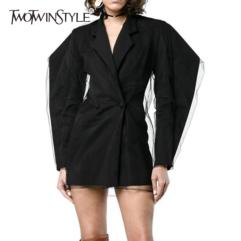 TWOTWINSTYLE Mesh Patchwork Blazer Female Ruffles Puff Sleeve Double Breasted Black Long Jacket Autumn Fashion New Clothing
TWOTWINSTYLE Mesh Patchwork Blazer Female Ruffles Puff Sleeve Double Breasted Black Long Jacket Autumn Fashion New Clothing