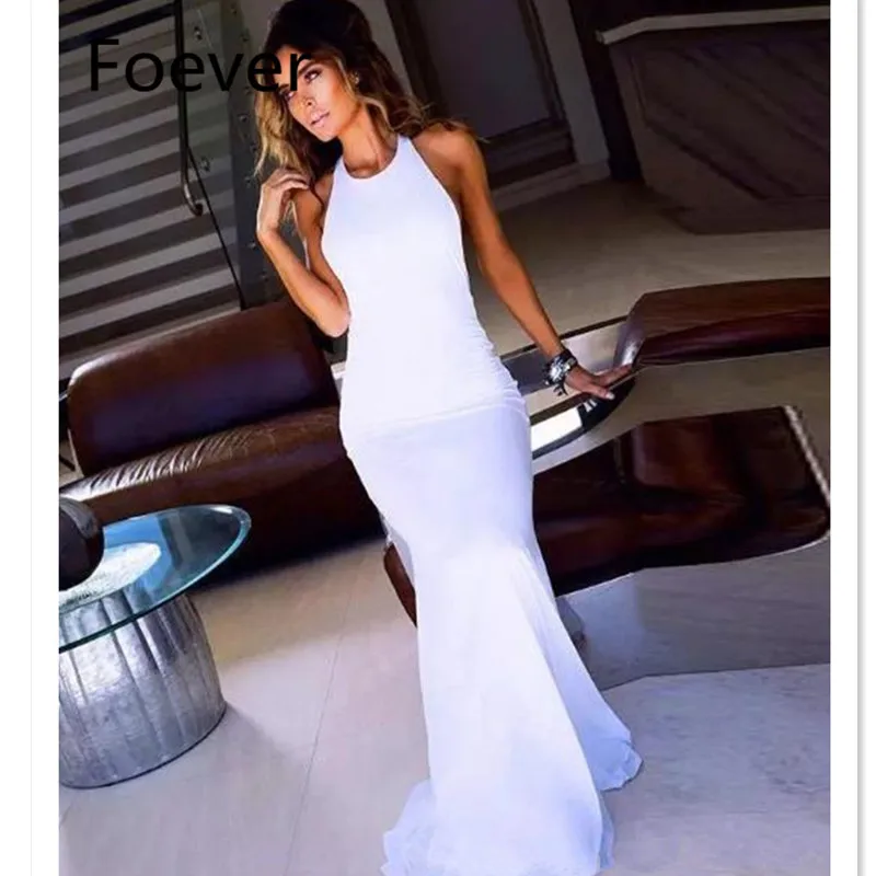 Sexy Backless White evening Dresses Sleeveless Elastic Satin Sweep Train Halter Evening Prom dresses Party Dresses
Sexy Backless White evening Dresses Sleeveless Elastic Satin Sweep Train Halter Evening Prom dresses Party Dresses