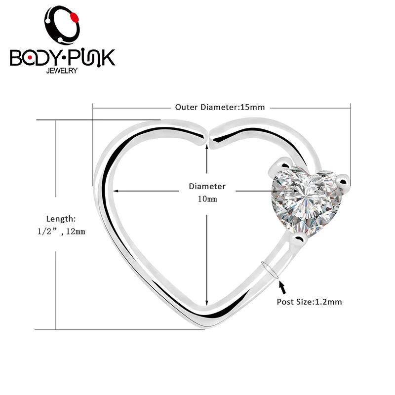  BODY PUNK Jewelry Heart CZ Left Closure Daith Cartilage 16 Gauge Heart Tragus Earrings 5 Colors Micro Circular Barbell Nose  (12)