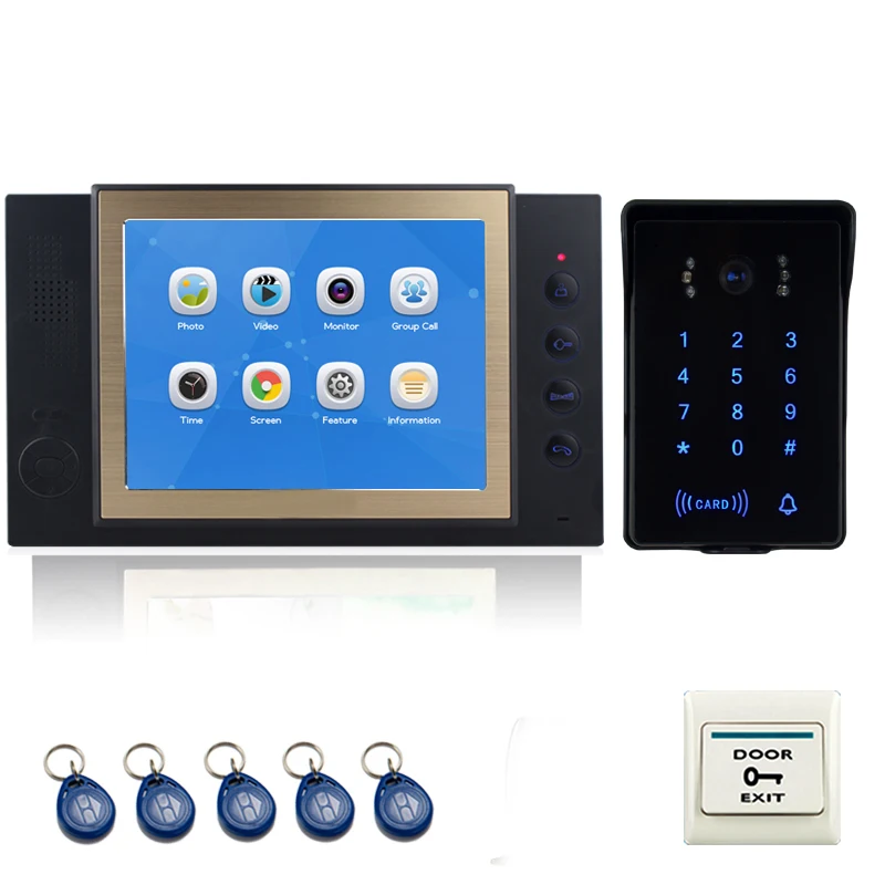 

JEX 8 inch Video Door Phone Intercom system Kit Voice/Video Record Black Monitor +700TVL Waterproof Password Keypad RFID Camera