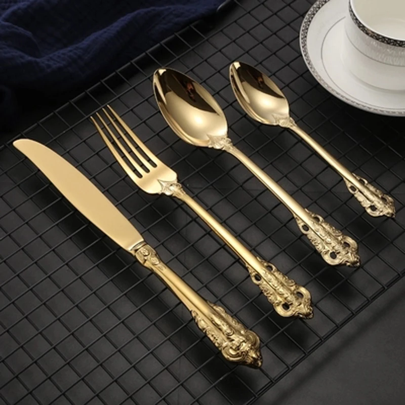 Luxury Golden Dinnerware Set Gold Plated Stainless Steel Cutlery Wedding Tableware Dining Knife Fork Tablespoon
Luxury Golden Dinnerware Set Gold Plated Stainless Steel Cutlery Wedding Tableware Dining Knife Fork Tablespoon
