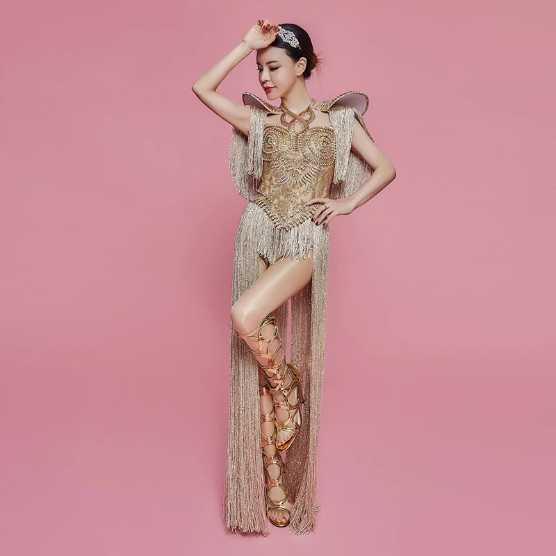 Gold Rhinestones Long Tassel Flying Shoulder Bodysuit Women Drag Queen Costume Bar Concert Singer Dancer Performance Stage Wear
Gold Rhinestones Long Tassel Flying Shoulder Bodysuit Women Drag Queen Costume Bar Concert Singer Dancer Performance Stage Wear