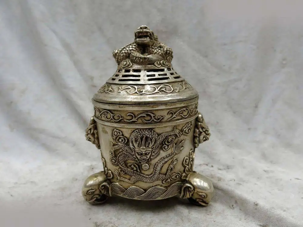 DS 6" China silver carved Buddhism Censer dragon elephant incense burner Statue
DS 6" China silver carved Buddhism Censer dragon elephant incense burner Statue