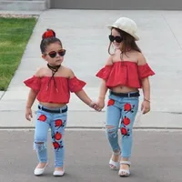 MUQGEW Summer childrens clothing Toddler Infant Baby Girls Embroidery Off Shoulder Tops Denim Pants Outfits Set Kid's clothes image
