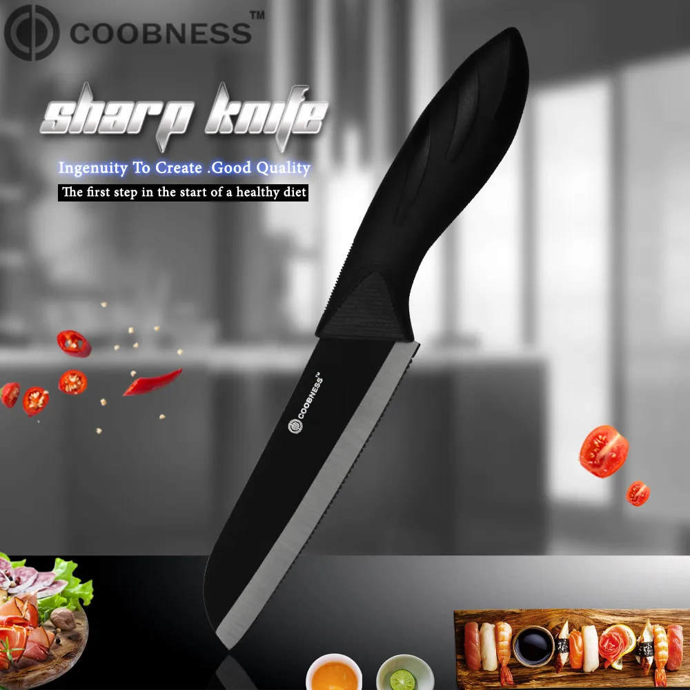 COOBNESS Brand 5 inch Serrated Bread Ceramic Knife Multifunctional Kitchen Knife Black Handle Black Blade Santoku Cooking Knife
COOBNESS Brand 5 inch Serrated Bread Ceramic Knife Multifunctional Kitchen Knife Black Handle Black Blade Santoku Cooking Knife