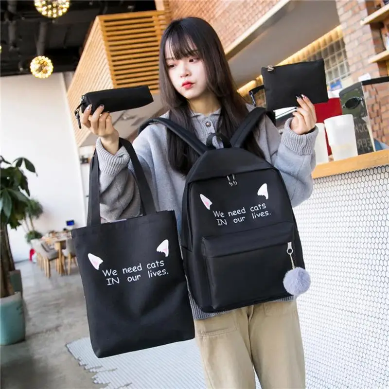 

4pcs/set Women Female Canvas Solid Color Backpack Ladies Simple Schoolbags Clutch Teenager Girls Travel Totes Shoulder Pen Bags