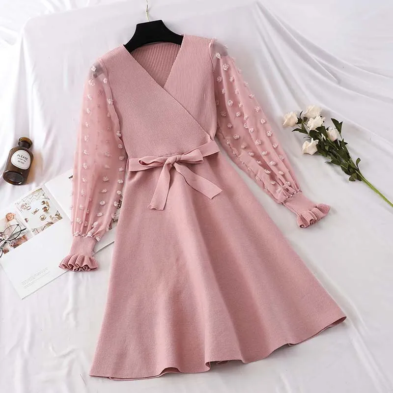 New Autumn Winter Mesh Patchwork Knitted Dress Women Sexy V Neck Sweater Dresses Slim Bow Lace Up Dress Vestidos verano 2019
New Autumn Winter Mesh Patchwork Knitted Dress Women Sexy V Neck Sweater Dresses Slim Bow Lace Up Dress Vestidos verano 2019