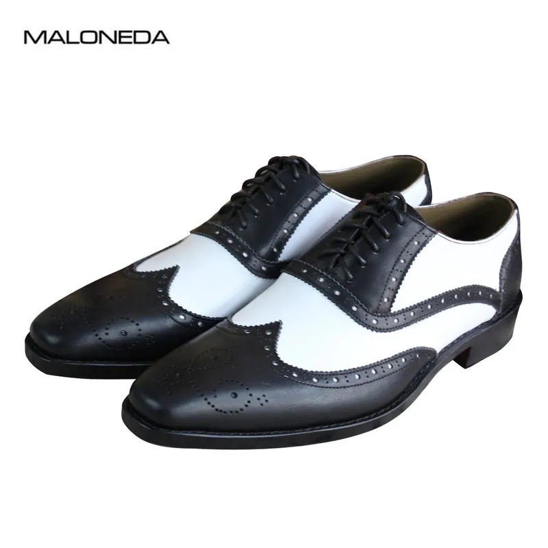 

MALONEDA Bespoke White Match Black Genuine Leather Handmade Goodyear Brogue Oxfords Formal Dress Shoes For Men EUR size 37-47