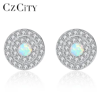 

CZCITY Genuine 925 Sterling Silver Stud Earrings for Women Fire Opal Round Shape Charming Women Post Earring Engagement Jewelry