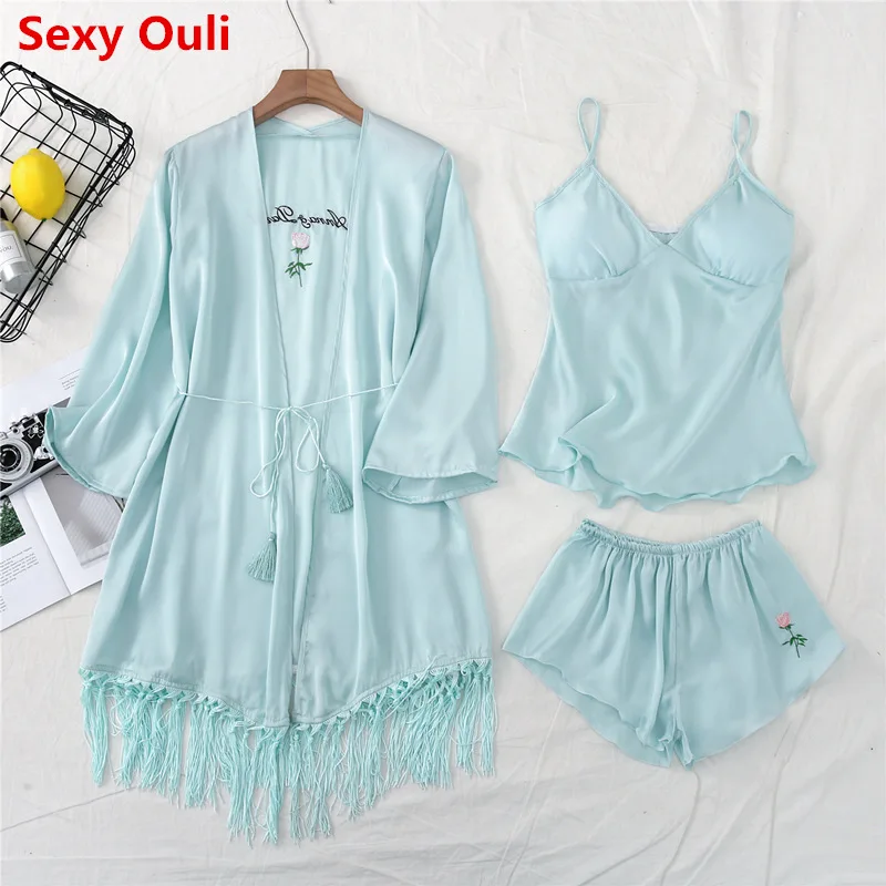 Ladies Sexy Silk Satin Robe Pajama Set Lace Bathrobe+Top+Shorts 3 Pieces Summer Spring Sleepwear Nightwear Set For Wome
Ladies Sexy Silk Satin Robe Pajama Set Lace Bathrobe+Top+Shorts 3 Pieces Summer Spring Sleepwear Nightwear Set For Wome