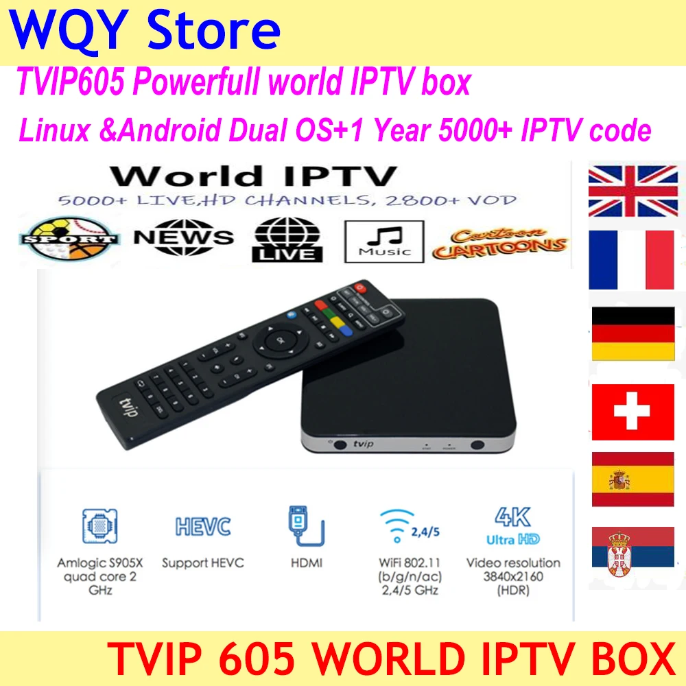 2019 New arrival Best Linux OS Smart tv Box TVIP605 Android 6.0 S905X 5G Wifi Double Systerm with 5000+IPTV Italy French Spain
2019 New arrival Best Linux OS Smart tv Box TVIP605 Android 6.0 S905X 5G Wifi Double Systerm with 5000+IPTV Italy French Spain