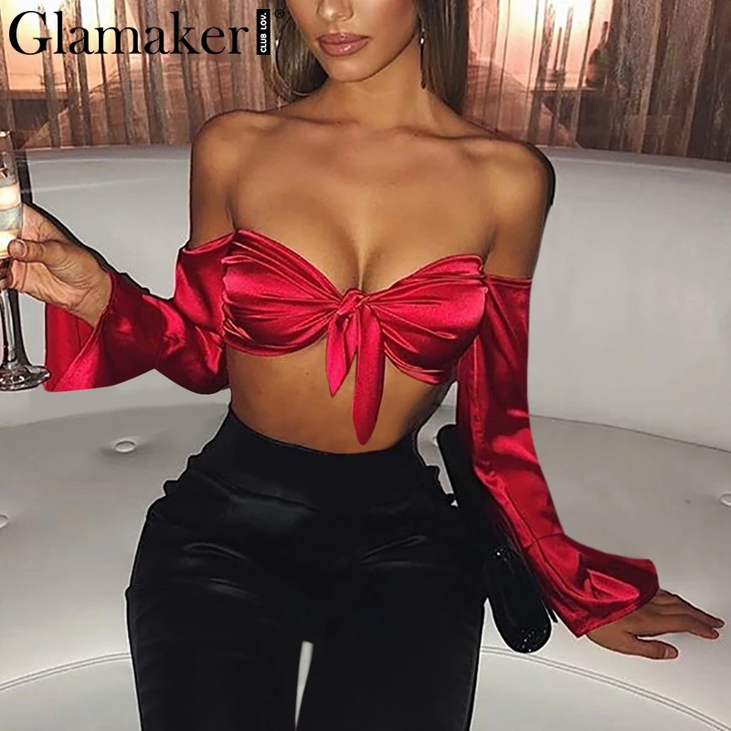 Glamaker Off shoulder sexy crop top Women flare sleeve tie bow fashion camis Elegant casual stain blouse feminina short shirts
Glamaker Off shoulder sexy crop top Women flare sleeve tie bow fashion camis Elegant casual stain blouse feminina short shirts