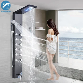 LED Brushed Nickle Shower Panel Wall Mounted Black Shower Column System Temperature Digital Screen Rotate Massage Sprayer Jets
LED Brushed Nickle Shower Panel Wall Mounted Black Shower Column System Temperature Digital Screen Rotate Massage Sprayer Jets