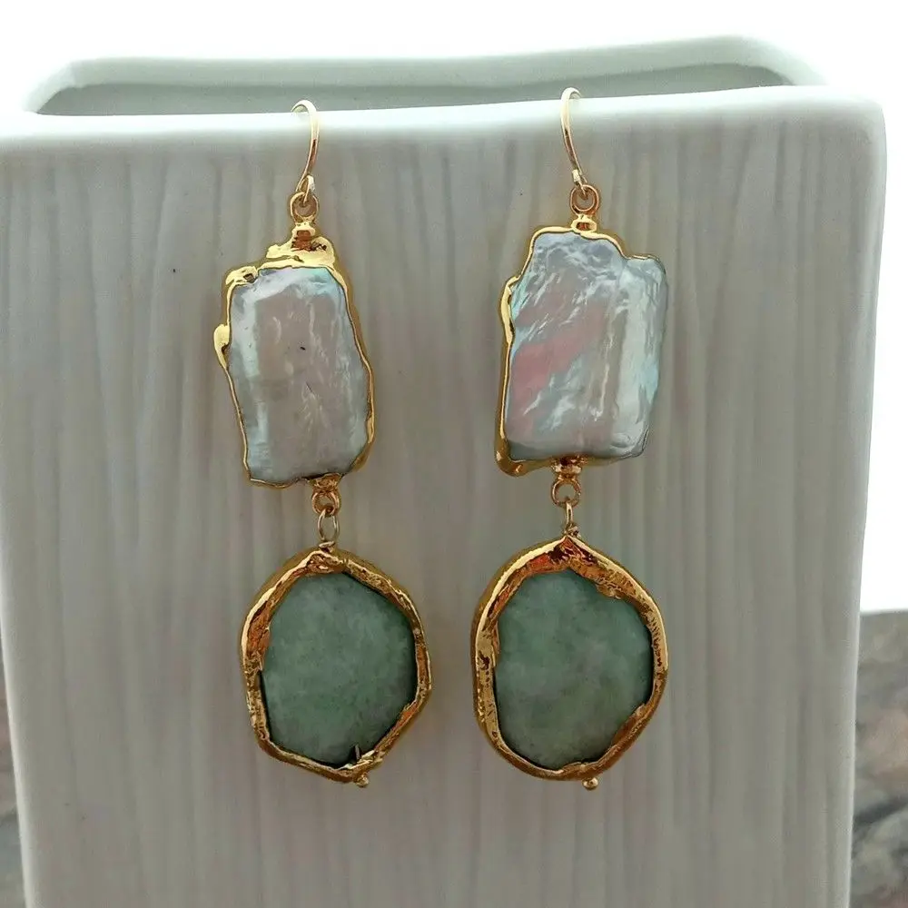 Biwa Pearl mazonite Golden Plated Hook Earrings