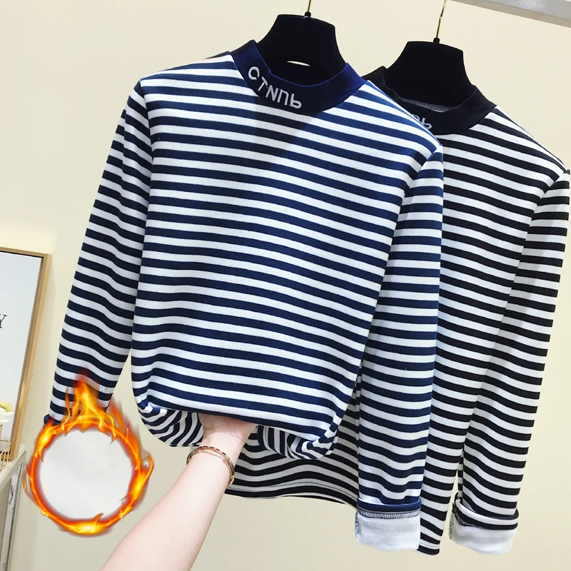 Striped T-shirt female long-sleeved student inside new shirt plus velvet thick high-necked bottoming shirt female winter
Striped T-shirt female long-sleeved student inside new shirt plus velvet thick high-necked bottoming shirt female winter