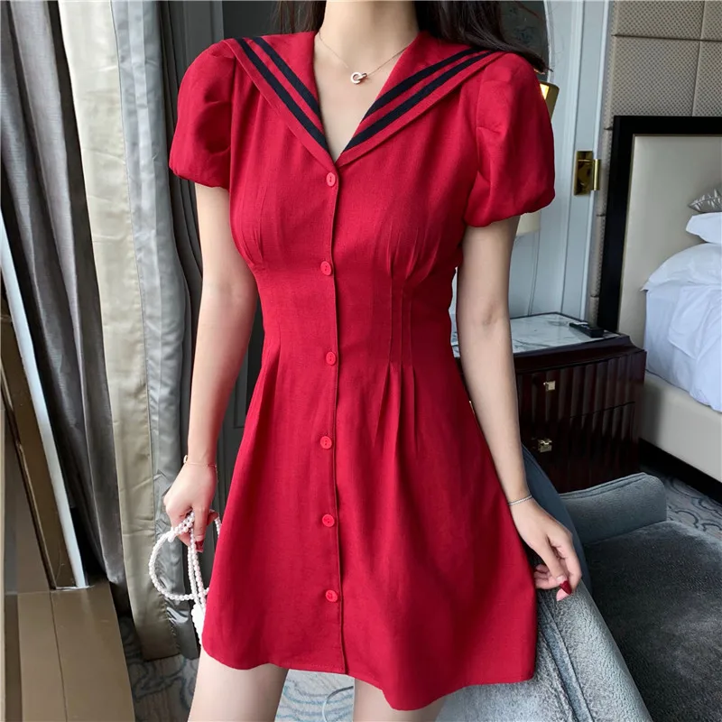 Summer Dress Women Sailor Collar Puff Sleeve Slim High Waist Mini Dress New Casual Female Dress Fashion
Summer Dress Women Sailor Collar Puff Sleeve Slim High Waist Mini Dress New Casual Female Dress Fashion