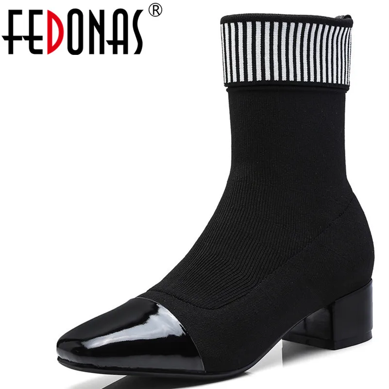FEDONAS New Women Sock High Boots Pointed Toe Elastic High Boots Slip On High Heel Ankle Boots Women Pumps Stiletto Botas