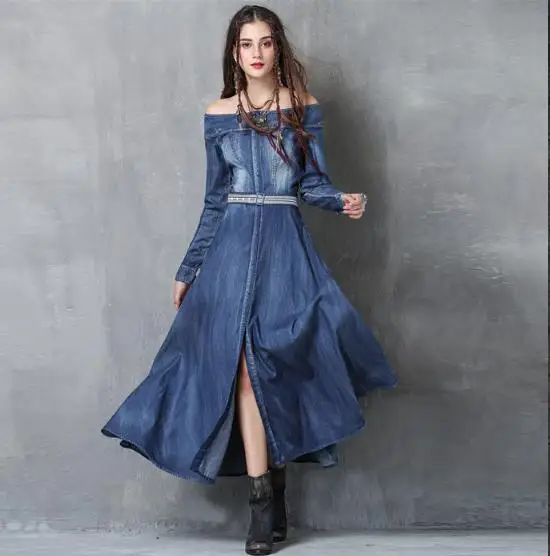 Blue Denim Dress Embroidery Off Shoulder Long Sleeve Button Slit Jeans Dress Casual Vestidos Robe Femme
Blue Denim Dress Embroidery Off Shoulder Long Sleeve Button Slit Jeans Dress Casual Vestidos Robe Femme