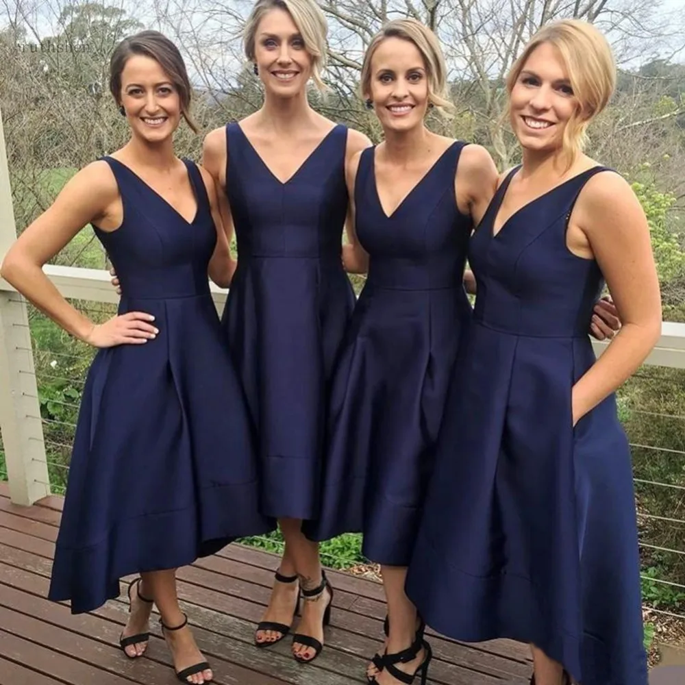 Фото Nave Blue Bridesmaid Dresses Long High Low Deep V Neck A Line Satin Gowns Zipper Back Custom Made Wedding Party Dress | Свадьбы и
