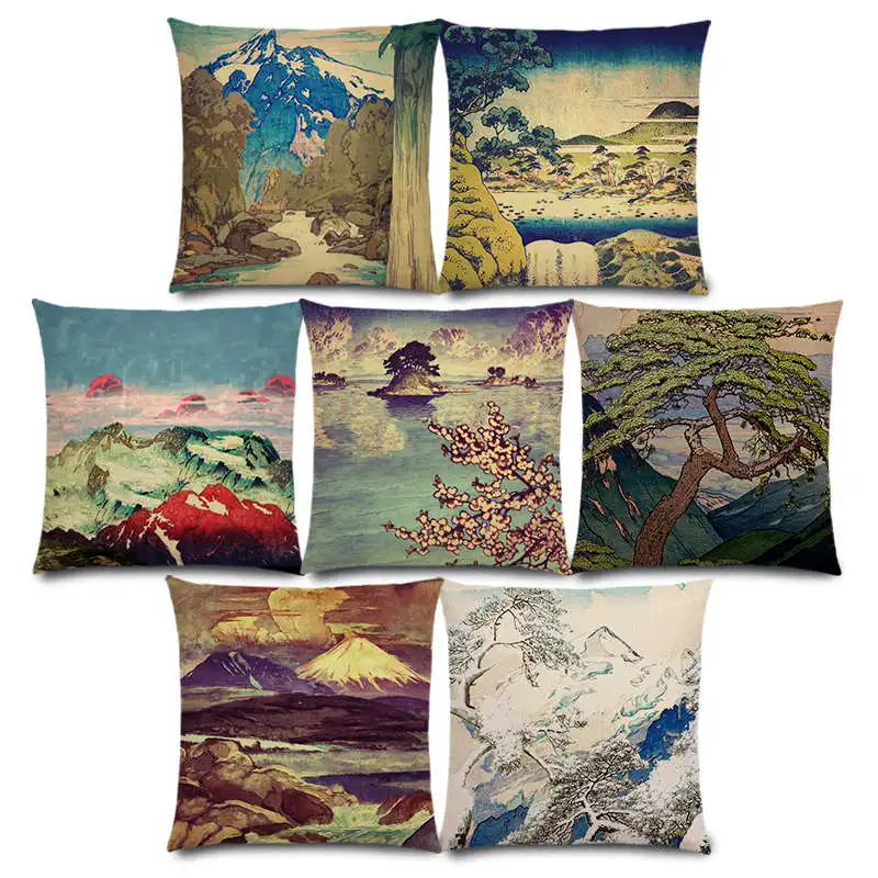 

New Japanese Style Landscape Painting Four Seasons Nature Scenery Fuji Mountains Woods Rivers Sea Cushion Cover Pillow Case