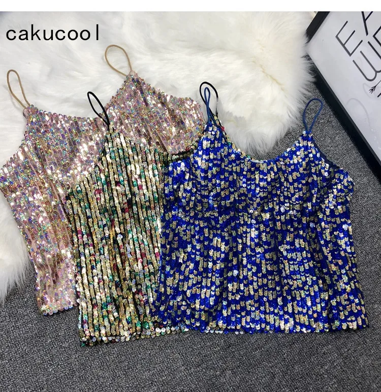 Новый Блестящий жилет Cakucool 2019 женский сексуальный топ без рукавов с блестками