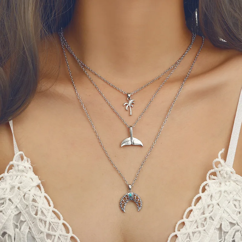 Fashion Multi Layer Palm Hollow Moon Fish Tail Pendant Necklace For Women Vintage Silver Color Beach Necklace Wedding Gift
Fashion Multi Layer Palm Hollow Moon Fish Tail Pendant Necklace For Women Vintage Silver Color Beach Necklace Wedding Gift