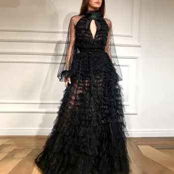 Black Muslim Evening Dresses Charm A-line Long Sleeves Tulle Tiered Islamic Dubai Saudi Arabic Long Formal Evening Gown
Black Muslim Evening Dresses Charm A-line Long Sleeves Tulle Tiered Islamic Dubai Saudi Arabic Long Formal Evening Gown