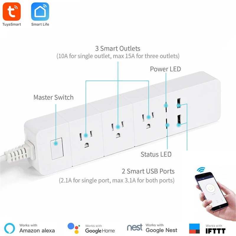 Smart Home Automation WiFi Power Strip Tuya Smart App Control 3 AC Outlets 2 USB Port US Standard Google Assistant Alexa Support
Smart Home Automation WiFi Power Strip Tuya Smart App Control 3 AC Outlets 2 USB Port US Standard Google Assistant Alexa Support