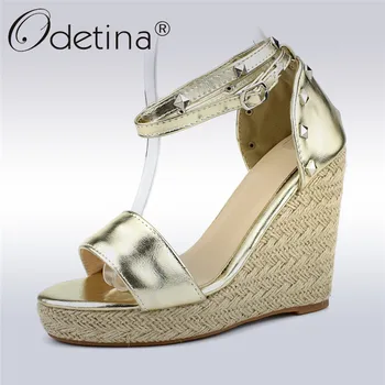

Odetina New Ankle Strap Open Toe Espadrilles Wedges For Women Rivet Platform Sandals High Heel Studded Summer Shoes Big Size 43