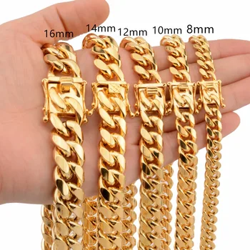 

8-18mm Wide 8-40inch Length Men's Biker Gold Color Stainless Steel Miami Curb Cuban Link Chain Necklace Or Bracelet Jewelry