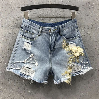 Summer Korean Womans Female High Waist Wide Leg Ripped Hole Embroidery Flower Jeans Shorts , Womens Glitters Pearls Denim Shorts
Summer Korean Womans Female High Waist Wide Leg Ripped Hole Embroidery Flower Jeans Shorts , Womens Glitters Pearls Denim Shorts