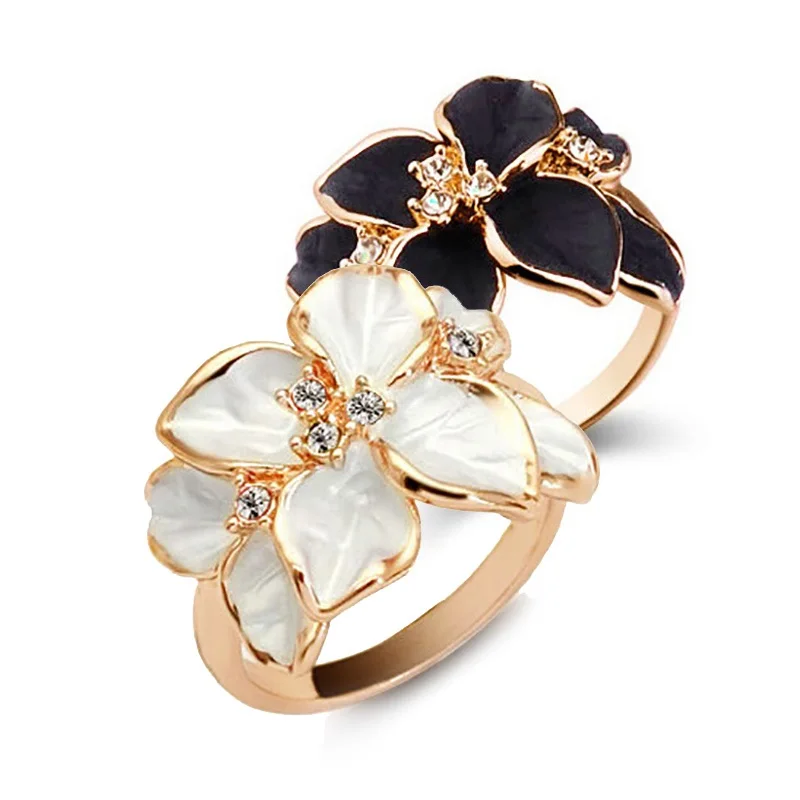 Hot Sale Rose Gold Color Delicate Crystal Black Enamel Flower Female Ring Elegant Charm Quality Wedding Jewelry Accessories | Украшения и