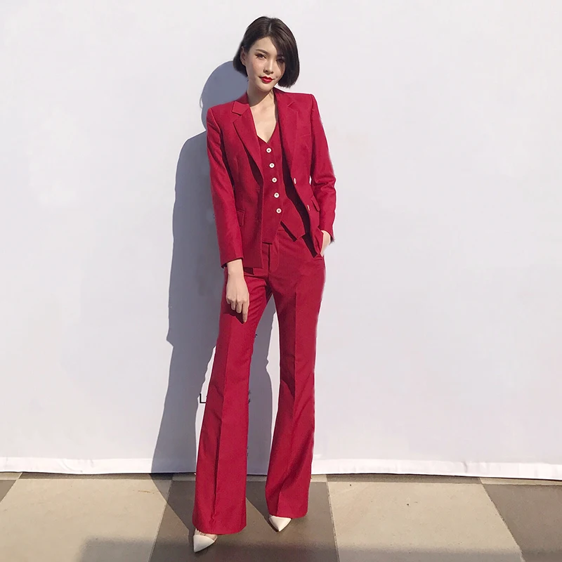 Women Casual Fashion Red 3 Pieces Set Spring Autumn Blazer Coat + Vest + Flare Long Pants Sets for Office Lady Work Y218
Women Casual Fashion Red 3 Pieces Set Spring Autumn Blazer Coat + Vest + Flare Long Pants Sets for Office Lady Work Y218