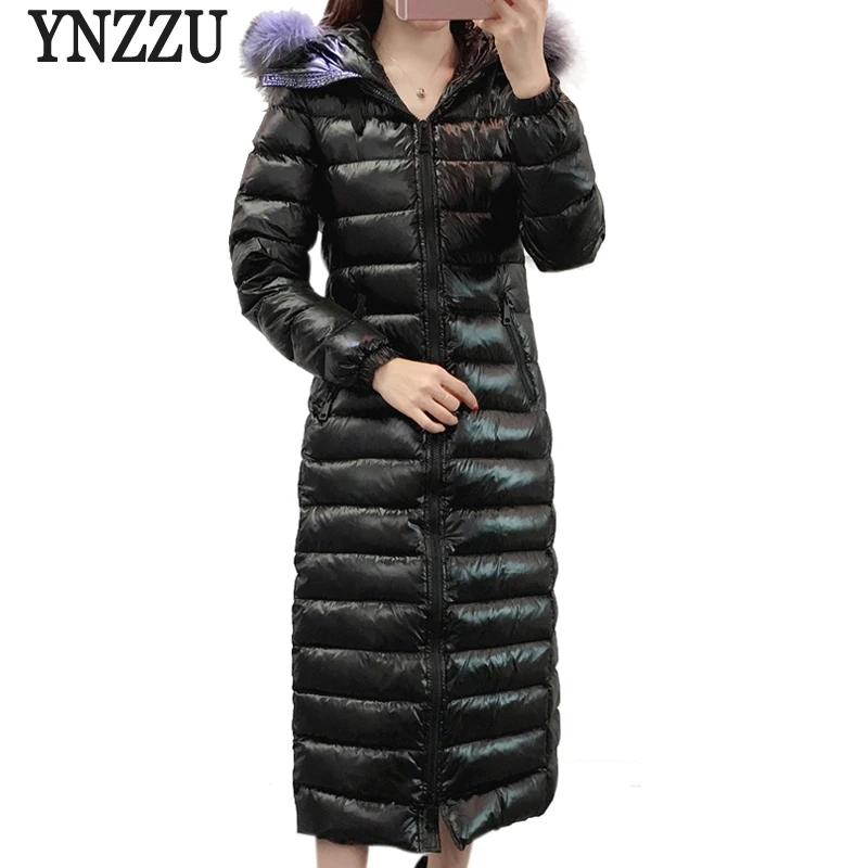 Фото YNZZU брендовая Роскошная 2018 зимняя женская куртка длинная стильная 90% белая на