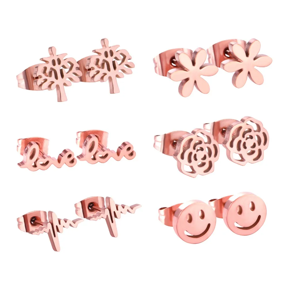 

LUXUKISSKIDS 6Paris/Lot Rose Gold Stainless Steel Stud Earrings Fashion Jewelry Earring Pendientes De Moda De Las Mujeres