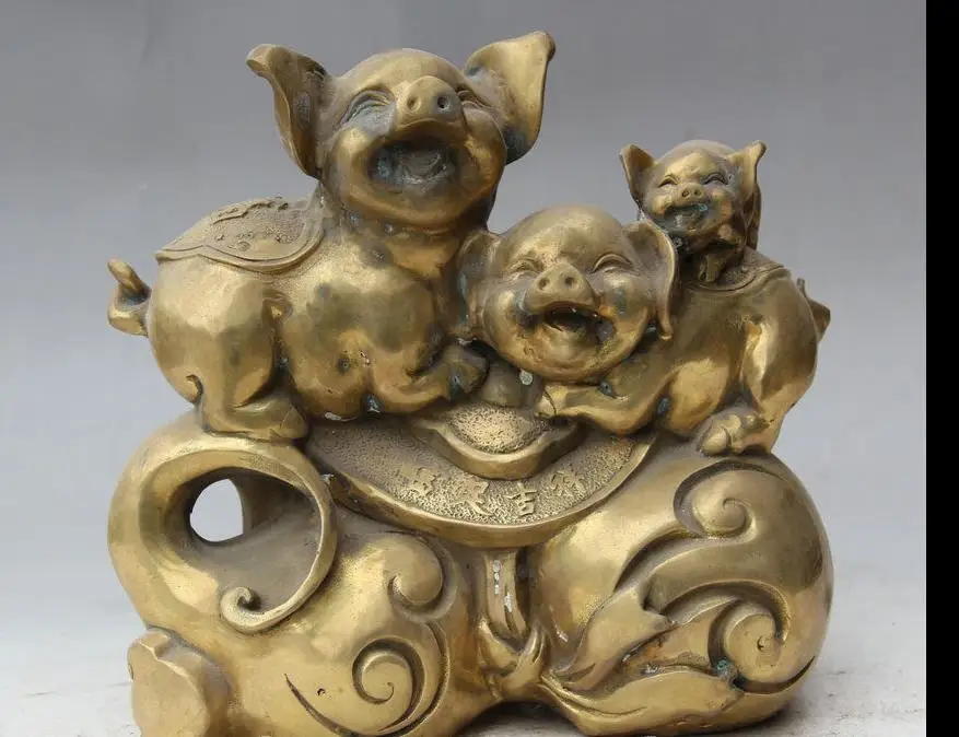 671115566+++10 China Chinese Folk Brass Cute Elephant Family Auspicious Statue Sculpture