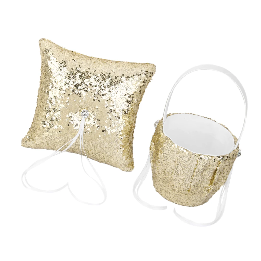 Gold Sequins Satin Wedding Flower Girl Basket and Ring Pillow Set Flower Girl Basket for Wedding Ceremony Party Decoration Gold Sequins Satin Wedding Flower Girl Basket and Ring Pillow Set Flower Girl Basket for Wedding Ceremony Party Decoration