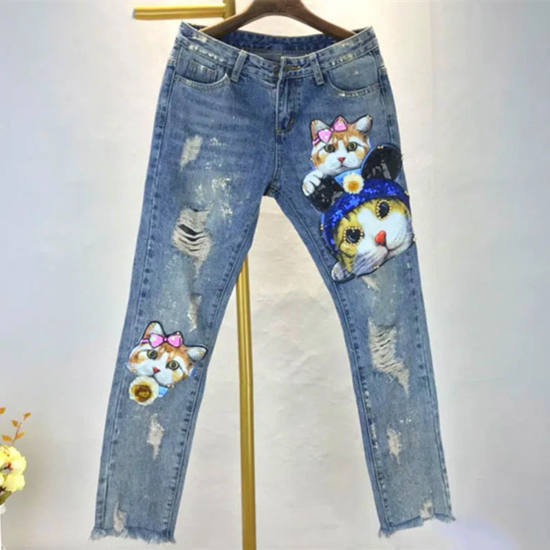 Femme Vintage Casual Trousers New Sequin Beaded Cartoon 3d Cat Autumn Fashion Women Denim Pants Trousers Students Straight
Femme Vintage Casual Trousers New Sequin Beaded Cartoon 3d Cat Autumn Fashion Women Denim Pants Trousers Students Straight