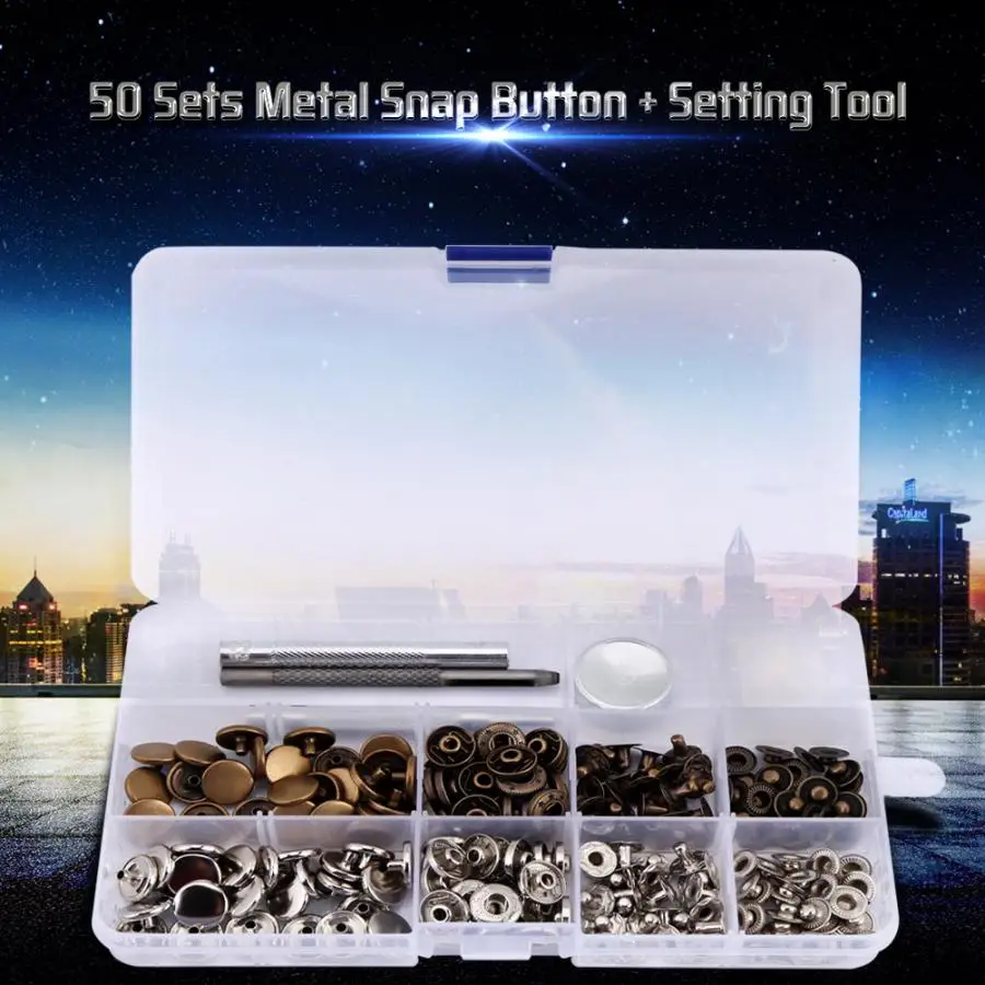 50Sets Press Studs Snap Button Popper Fastener with Setting Tool for Leather Clothes 633#12mm Sewing Leather Craft Tool Fastener
50Sets Press Studs Snap Button Popper Fastener with Setting Tool for Leather Clothes 633#12mm Sewing Leather Craft Tool Fastener