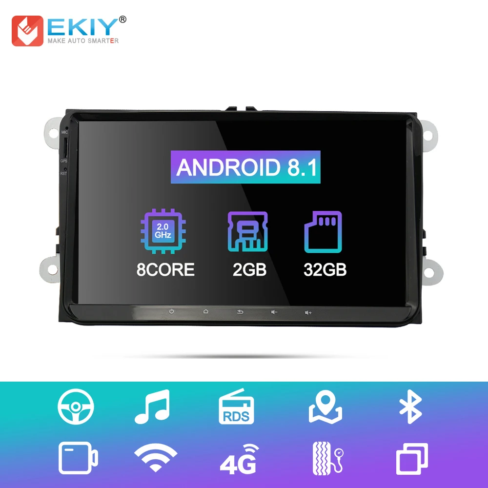 EKIY Car Multimedia Player Android 8.1 GPS 1 Din Stereo Radio For Volkswagen VW POLO PASSAT Golf Skoda Octavia Seat Leon 9'' IPS