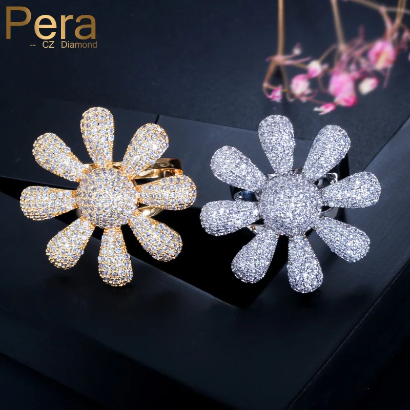 Pera Romantic Engagement Prom Yellow Gold Color Big Sun Flower Shape Micro Pave Cubic Zirconia Party Finger Ring for Women R097
Pera Romantic Engagement Prom Yellow Gold Color Big Sun Flower Shape Micro Pave Cubic Zirconia Party Finger Ring for Women R097